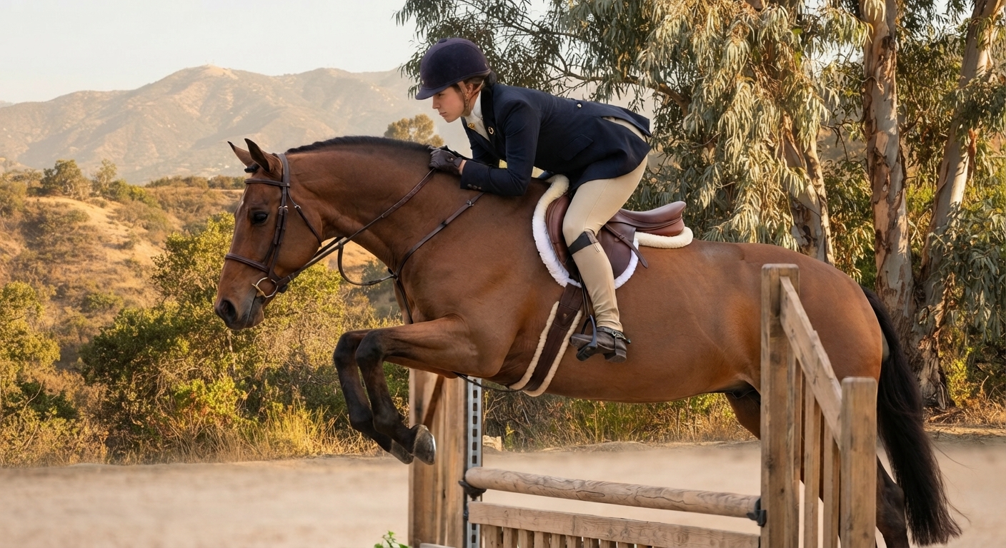 Female equestrian jumping a bay horse over a rustic fence in a Southern California arena with eucalyptus trees and rolling hills.