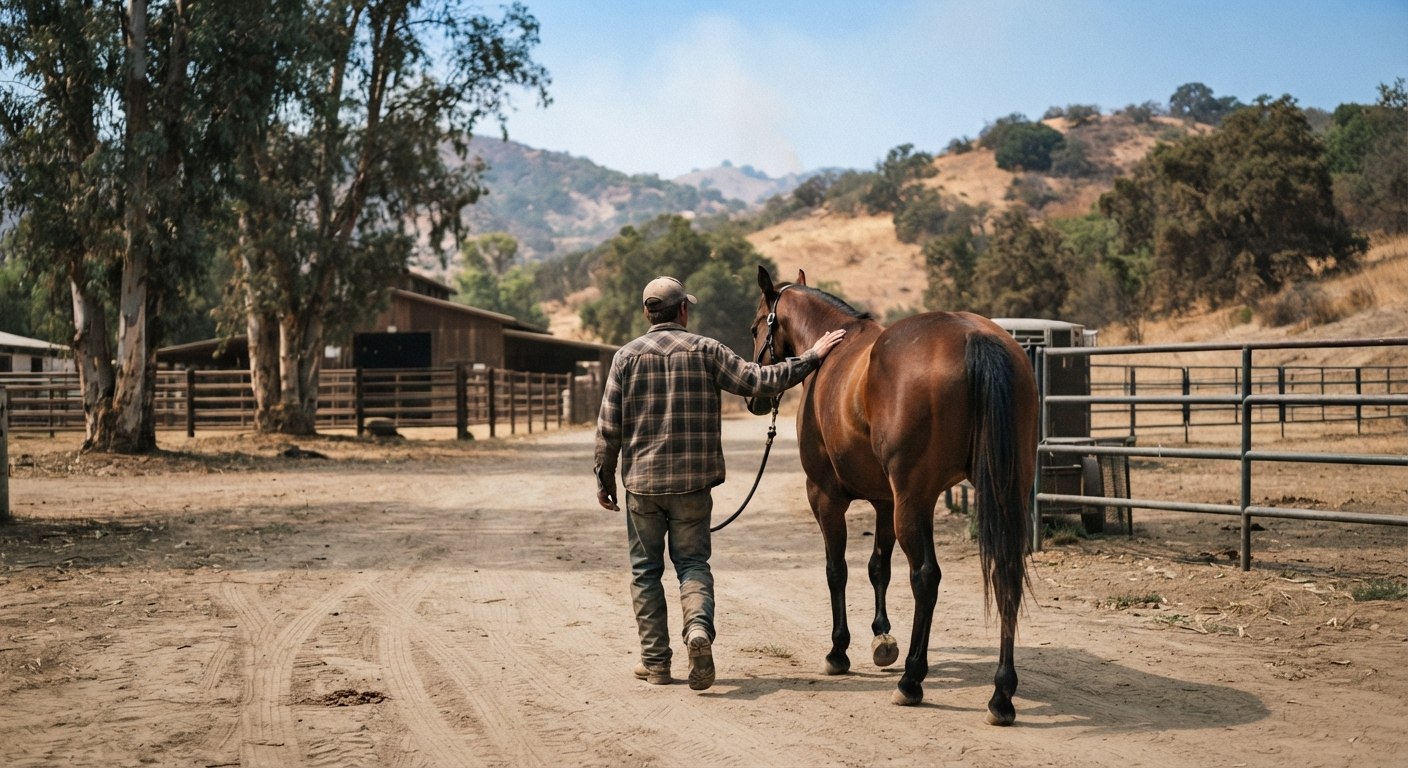 A person seen from behind walks alongside a horse down a dusty ranch path toward a barn, with neither of their faces visible.