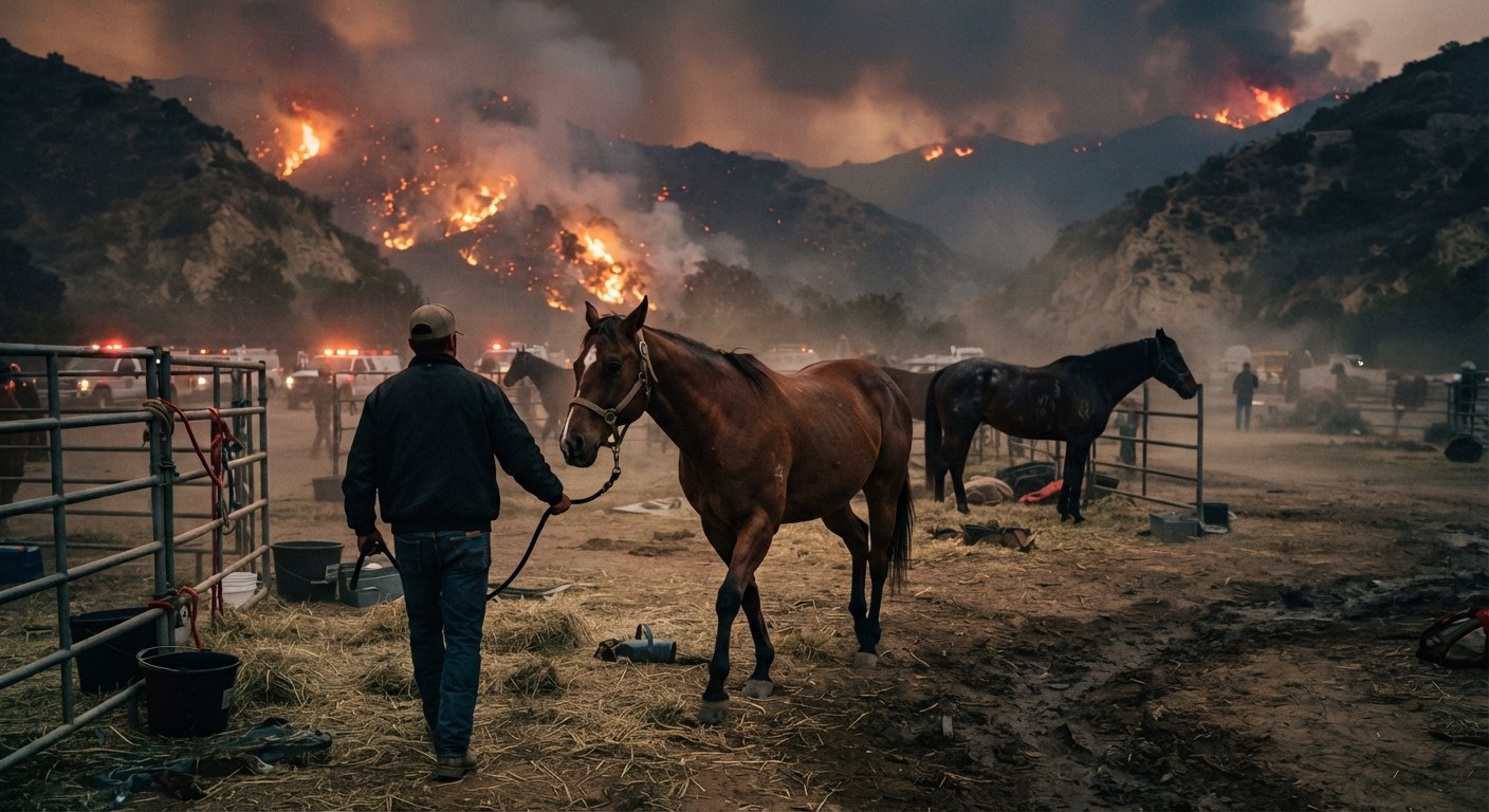 A person leads a horse past pens as a Pacific Palisades wildfire burns on the distant hills.