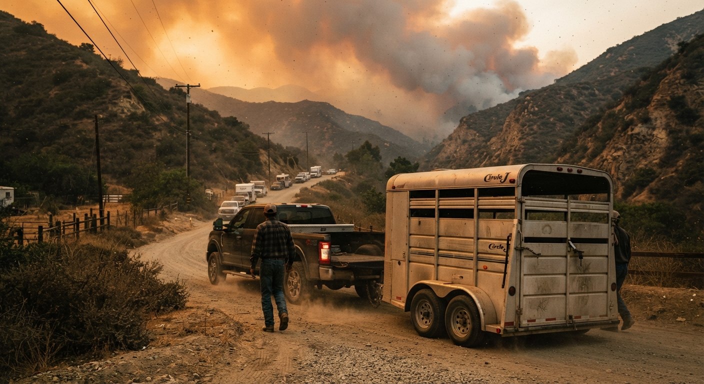 A tense, dusty scene shows a pickup truck towing an empty horse trailer moving slowly away from an ominous wildfire on a narrow, winding dirt road in the brush-covered Los Angeles foothills.